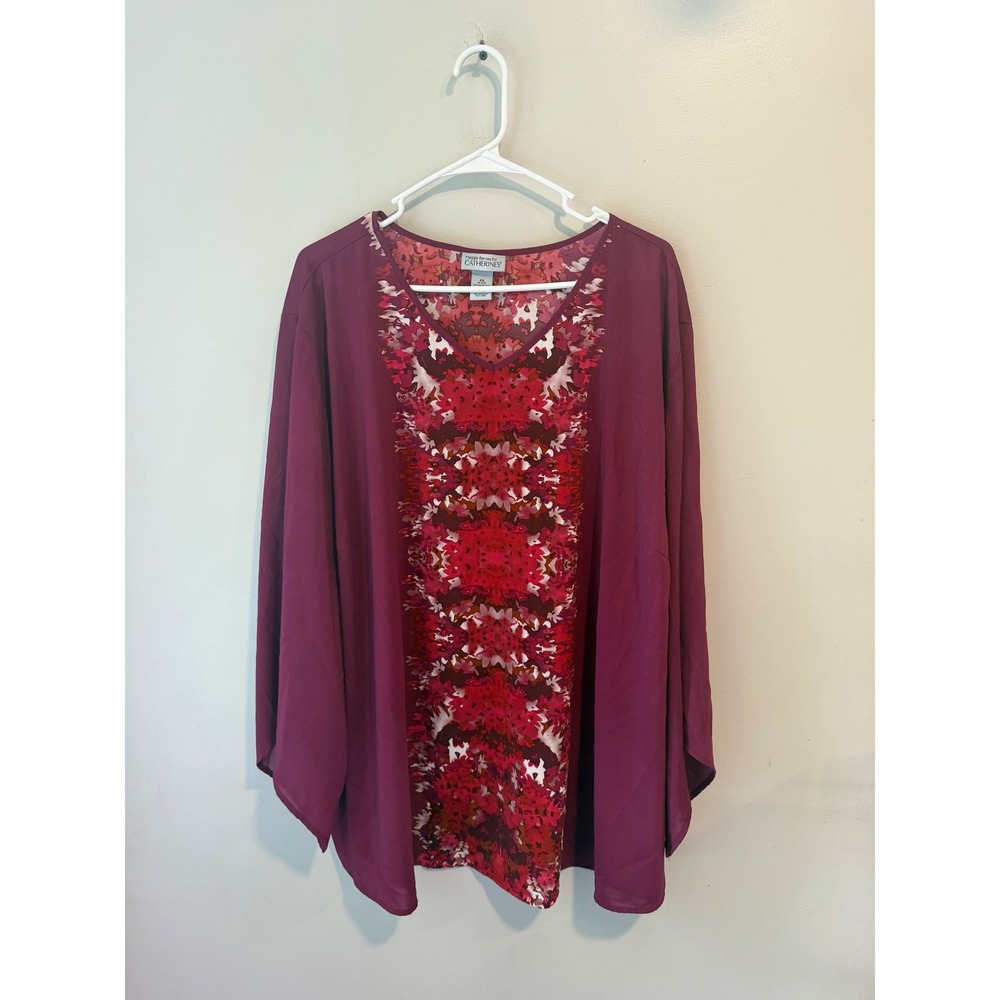 Maggie Barnes Catherines Womens 4X Magenta Floral Medallion V-Neck Blouse Top